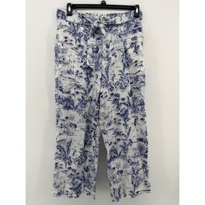 Joie Linen Pants Womens M Blue White Tropical Toile Wide Leg Tie Waist Resort